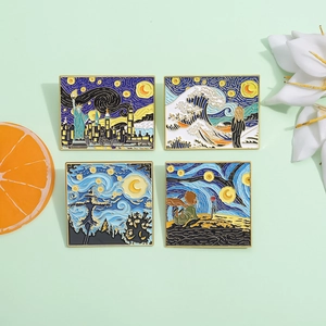 Artistic enamel pin set featuring Van Gogh Starry Night and famous oil painting designs