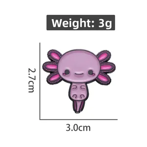 Detailed view of purple axolotl enamel pin with dimensions 3.0cm width and 2.7cm height