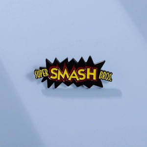 Detail view of the colorful enamel Smash Bros pin badge on a light blue background
