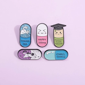 Zinc Alloy Capsule Enamel Pin Brooch Pharmacy School Survivor Happy Pill Vitamin Sea Cat Medical Badge Accessory For Clothing