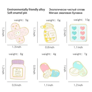Size chart for medical enamel pins showing dimensions and weights of various cute designs