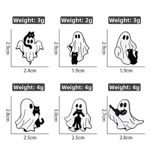 Detail view of 6 Halloween enamel pins featuring ghosts and black cats with size specs