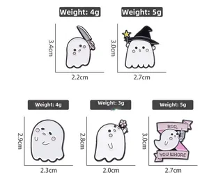 Size chart for Halloween ghost enamel pins showing weights and dimensions in centimeters