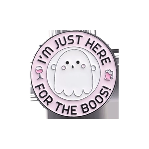 Pink enamel pin featuring a cute ghost and 'I'M JUST HERE FOR THE BOOS!' Halloween quote