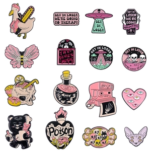 Pink Creative Enamel Pins Alloy Brooches Creepy Cute Cartoon Skull UFO Ghost Astronaut Badges For Jackets Bags Halloween Jewelry