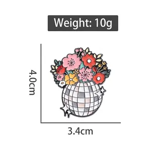 Disco ball vase enamel pin with colorful flowers, zinc alloy brooch for bag and clothing