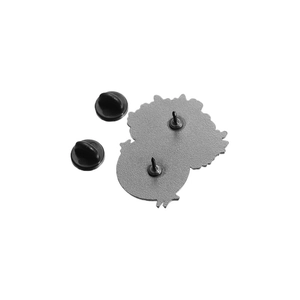 Dual-pin backing with black rubber clutches on polished gunmetal alloy brooch pin