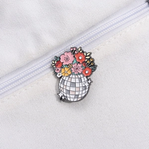 Creative disco ball vase enamel pin with colorful flowers on white canvas fabric