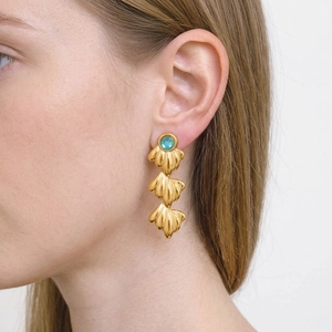 Tiered Shell Drop Earrings Stainless Steel Blue Zircon Inlaid 18K Gold Plated Waterproof Long Dangle Jewelry For Women