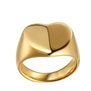 Macro view of a polished stainless steel heart-shaped signet ring with a smooth finish