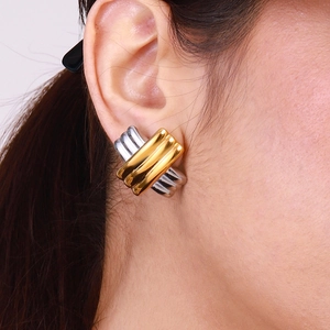 Minimalist two-tone striped crisscross earrings for women in gold and silver finish
