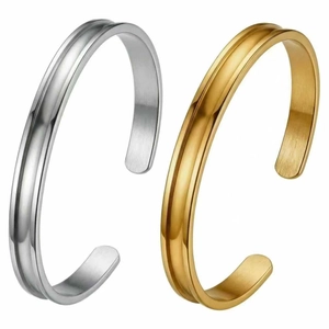 Paire de joncs ouverts en acier inoxydable 6mm finitions argent et or 18 carats chic