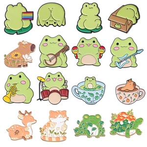 Cute Cartoon Animal Enamel Pins Alloy Frog Capybara Cat Brooch Badges For Clothing Bags Accessories Fun Jewelry Gift