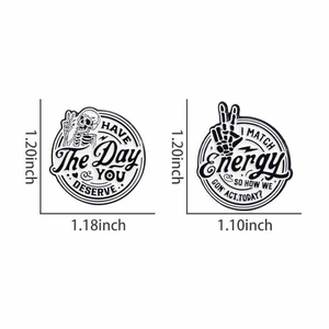 Detailed dimensions for black and white skull enamel pins with sarcastic quotes