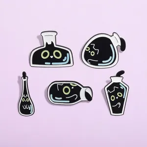 Cute Cartoon Black Cat Laboratory Glassware Enamel Brooch Pins Creative Alloy Drip Oil Bottle Badge Pins For Backpack Clothing