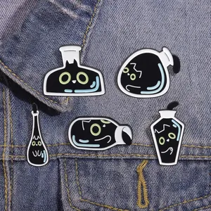 Set of 5 creative black cat enamel pins featuring cute cats in laboratory glassware