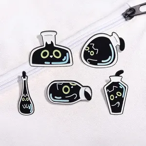 Set of 5 black cat enamel pins featuring cute cats in potion bottles on white canvas