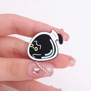 Cute black cat enamel brooch with green eyes in a round bottle shape for daily outfits