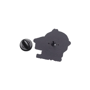 Detailed back view of a black enamel pin showing metal needle and rubber clutch closure