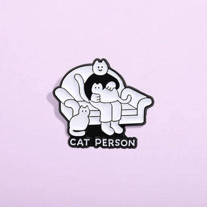 Funny Alloy Enamel Cat Person Pin Cute Cartoon Black White Cat Lover Badge For Bags Jackets Clothes Decoration Men Women