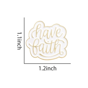Detailed close-up of a white enamel pin featuring gold have faith script and cloud border