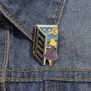 Artistic Van Gogh Starry Night book enamel pin with Alice figure on denim jacket