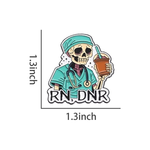 Detailed view of skull nurse enamel pin with coffee and RN DNR text, 1.3 inch size