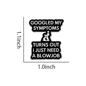 Detail view of funny enamel pin with English text showing dimensions 1.1x1.0 inch