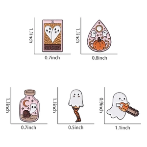Detailed size specifications for a set of five spooky cartoon Halloween enamel pins