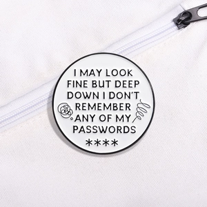 Minimalist white enamel pin badge with funny password quote on white canvas fabric