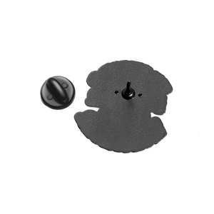 Detail view of the black matte enamel pin back featuring a secure black rubber clutch fastener