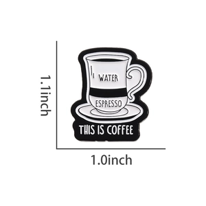 Detailed size chart showing a coffee cup enamel pin measuring 1.1 by 1.0 inches