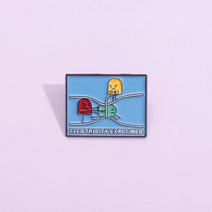 Funny physics enamel pin explaining electricity volt amp and ohm on light purple backdrop