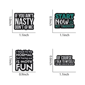 Detailed dimensions of four creative enamel pin badges with English motivational quotes