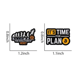 Detailed dimensions of Bitcoin Plan B and Evolution of Money enamel brooch pins