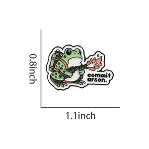Detail of funny frog enamel pin with arson text and dimensions 1.1 x 0.8 inches