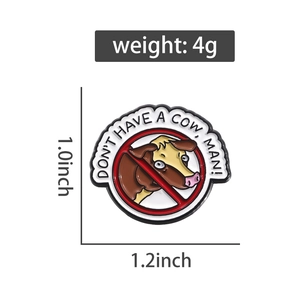 Detail showing Don't Have A Cow Man enamel pin dimensions of 1.2 x 1.0 inches