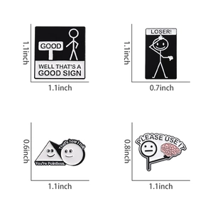 Detailed set of four humorous cartoon matchman enamel pins with creative English quotes