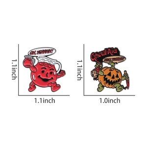 Detail view of cartoon enamel pins with dimension measurements in inches for sizing