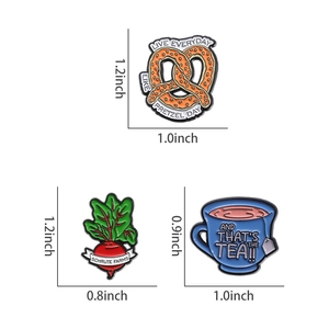Détails des épingles en émail avec motifs de bretzel et betterave et dimensions