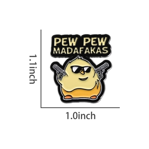 Detailed view of funny cartoon chick enamel pin with dimensions 1.1x1.0 inches