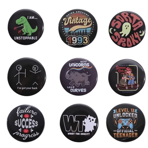 Funny Cartoon Round Tinplate Brooch Pin Retro Letter Slogan Ghost Game Controller Pattern Alloy Badge For Backpack Clothing Decor