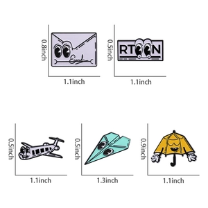 Detailed size chart for five cartoon enamel pins including airplane and umbrella icons