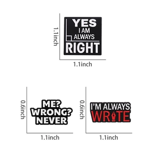 Detail view of enamel quote pins showing specific dimensions of 1.1x1.1 and 0.6x1.1 inches