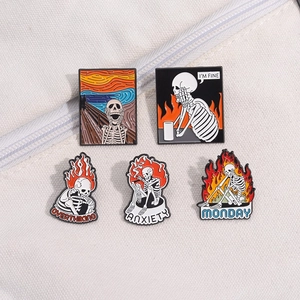 5-piece creative skull enamel pin set with witty mental health slogans on canvas