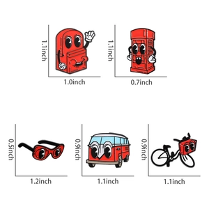 Detailed view of five red enamel pins showing dimensions for backpack, bus, and bike icons