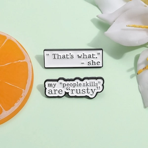 Funny English quote enamel pin set with My People Skills Are Rusty text on mint background