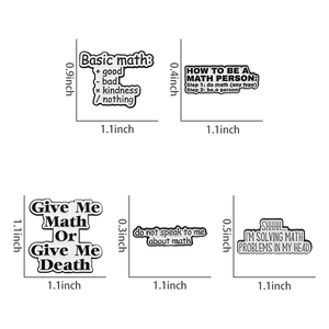 Detail view of five piece math quote enamel pins with black and white typography