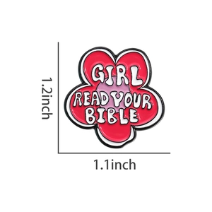 Detailed view of flower enamel pin with Girl Read Your Bible text and 1.2x1.1 inch dimensions