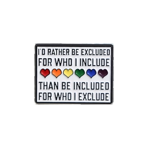 Detailed close-up of rectangular rainbow heart enamel pin with black inspirational quote